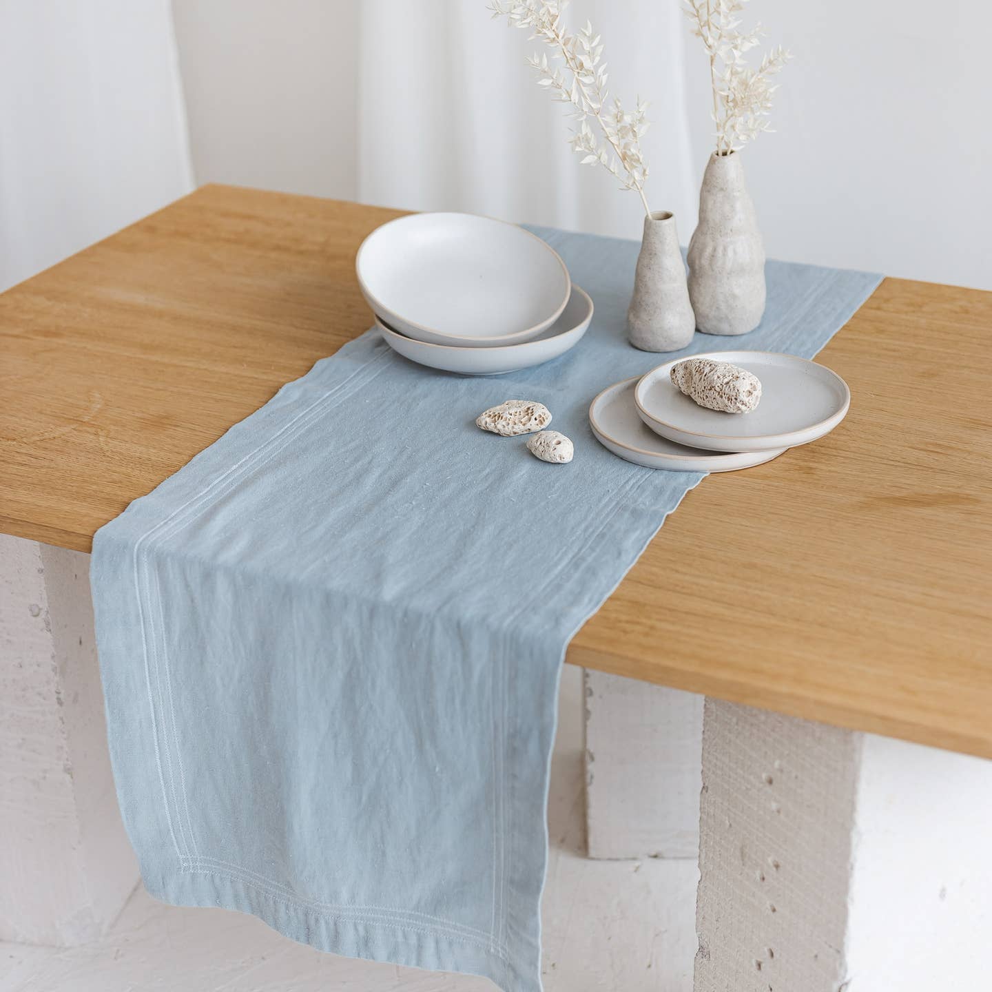 Linen Hemstitch Table Runner Stonewashed Sky Blue