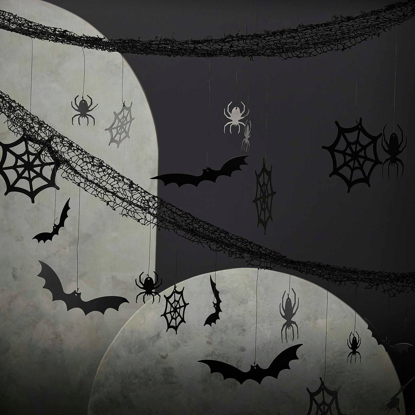 Halloween Backdrop with Hanging Spiders, Bats and Cobwebs
