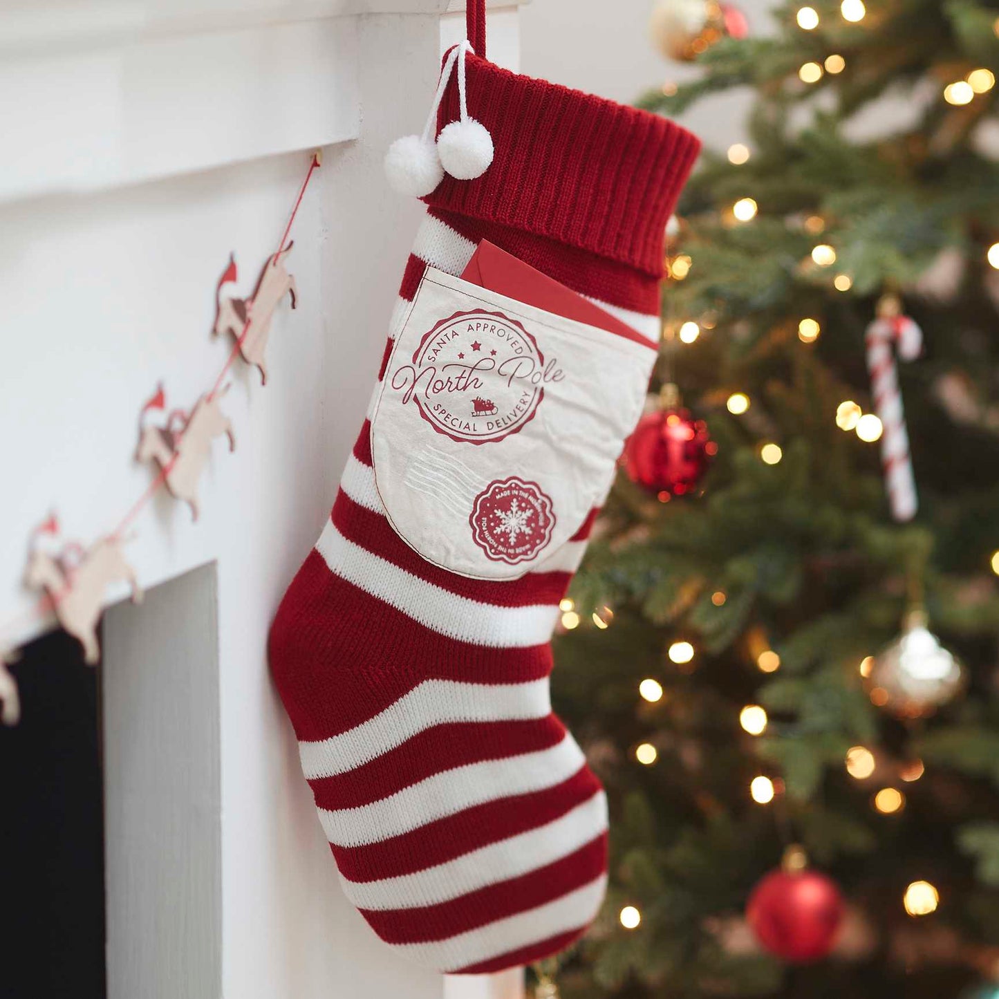 Red and White Knitted Christmas Stocking with Pocket