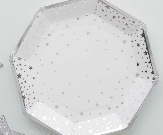 Silver Foiled Star Paper Plates - Set of 8
