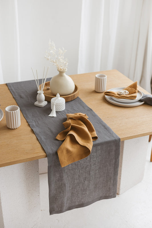 Linen Table Runner with Mittered Corners Charcoal
