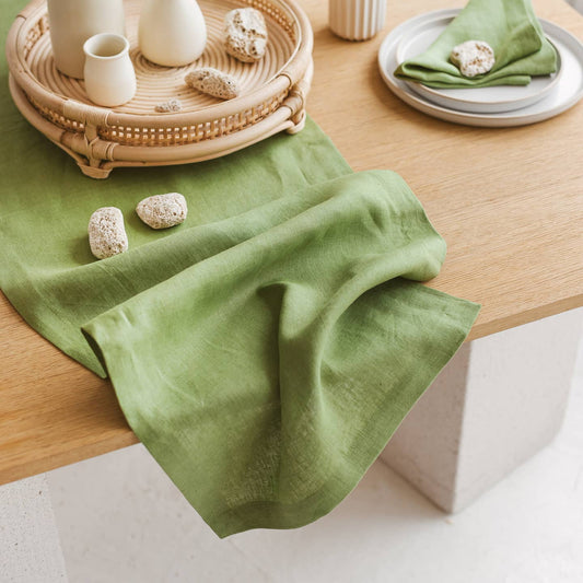 Linen Table Runner with Mittered Corners Forest Green