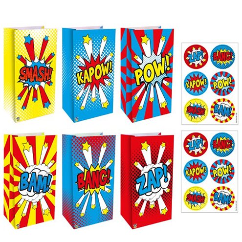 Comic superhero paper bag with stickers