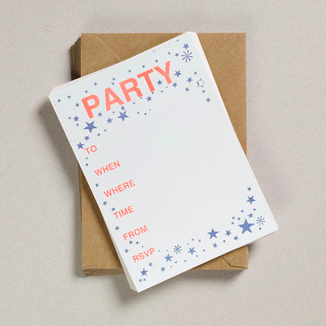 Party Invitations, Blue and Orange - Set of 12